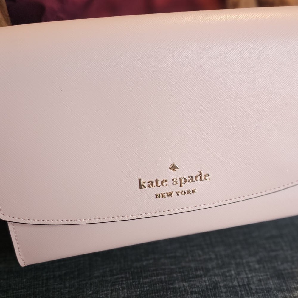 kate spade Blush Pink Saffiano Leather Clutch with Gold Logo